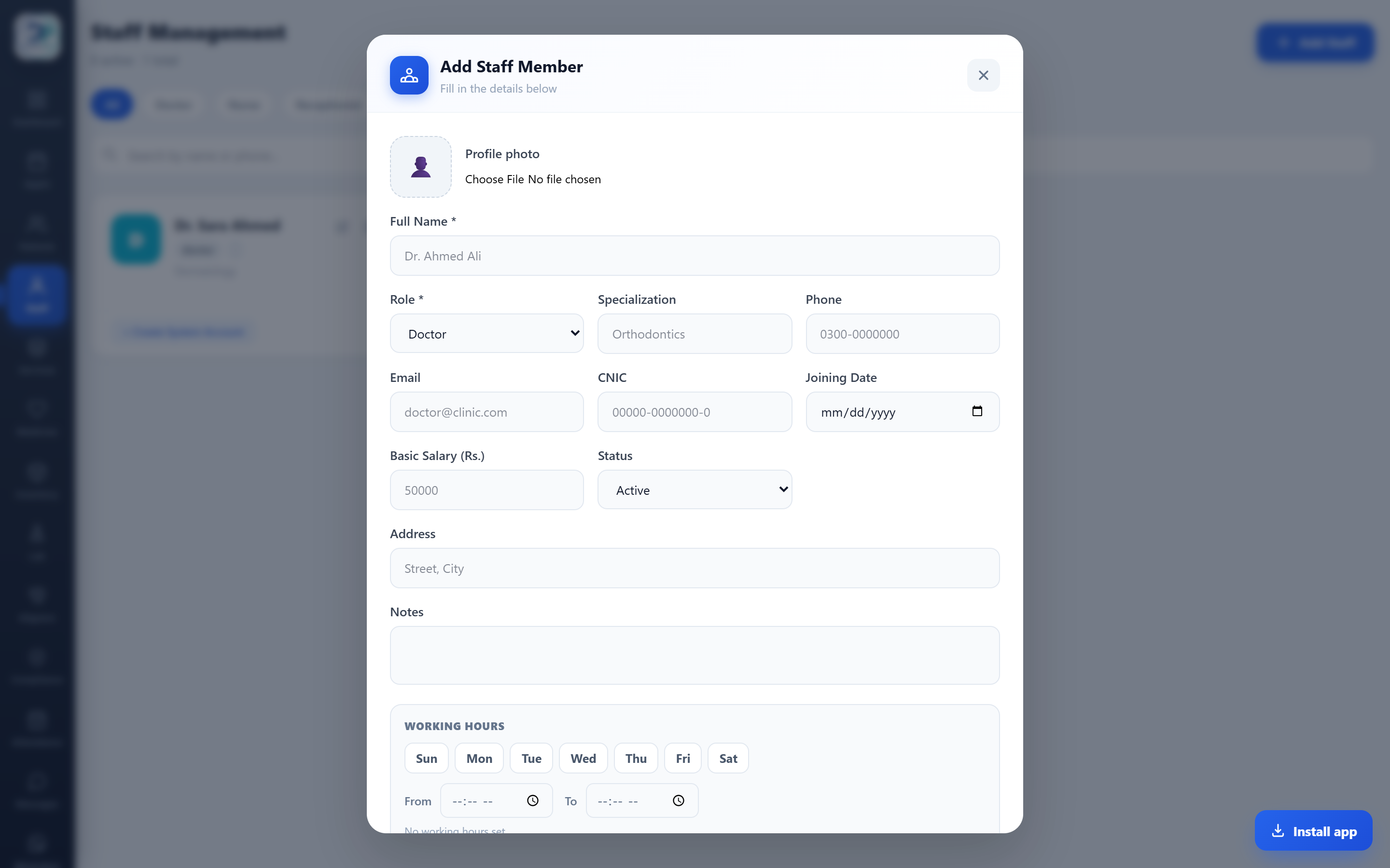 The Add Staff form — name, role (Doctor), specialization and working hours