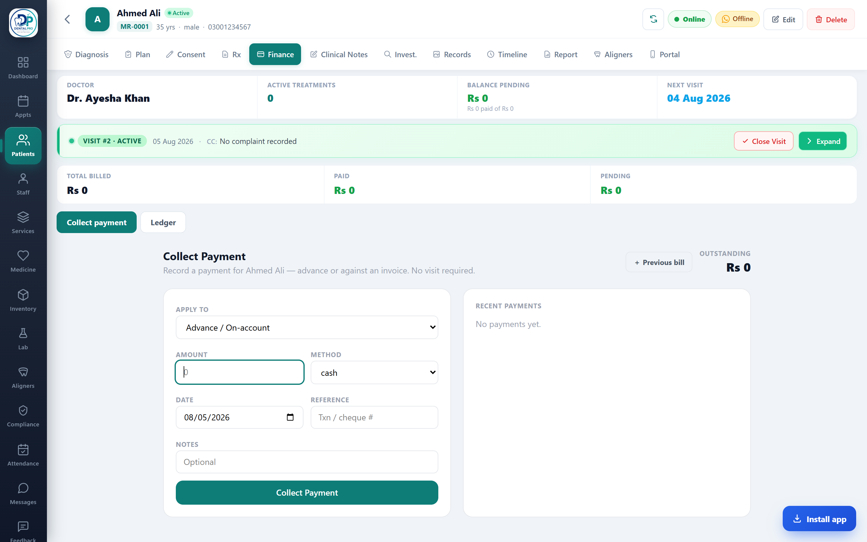 The patient’s Finance tab