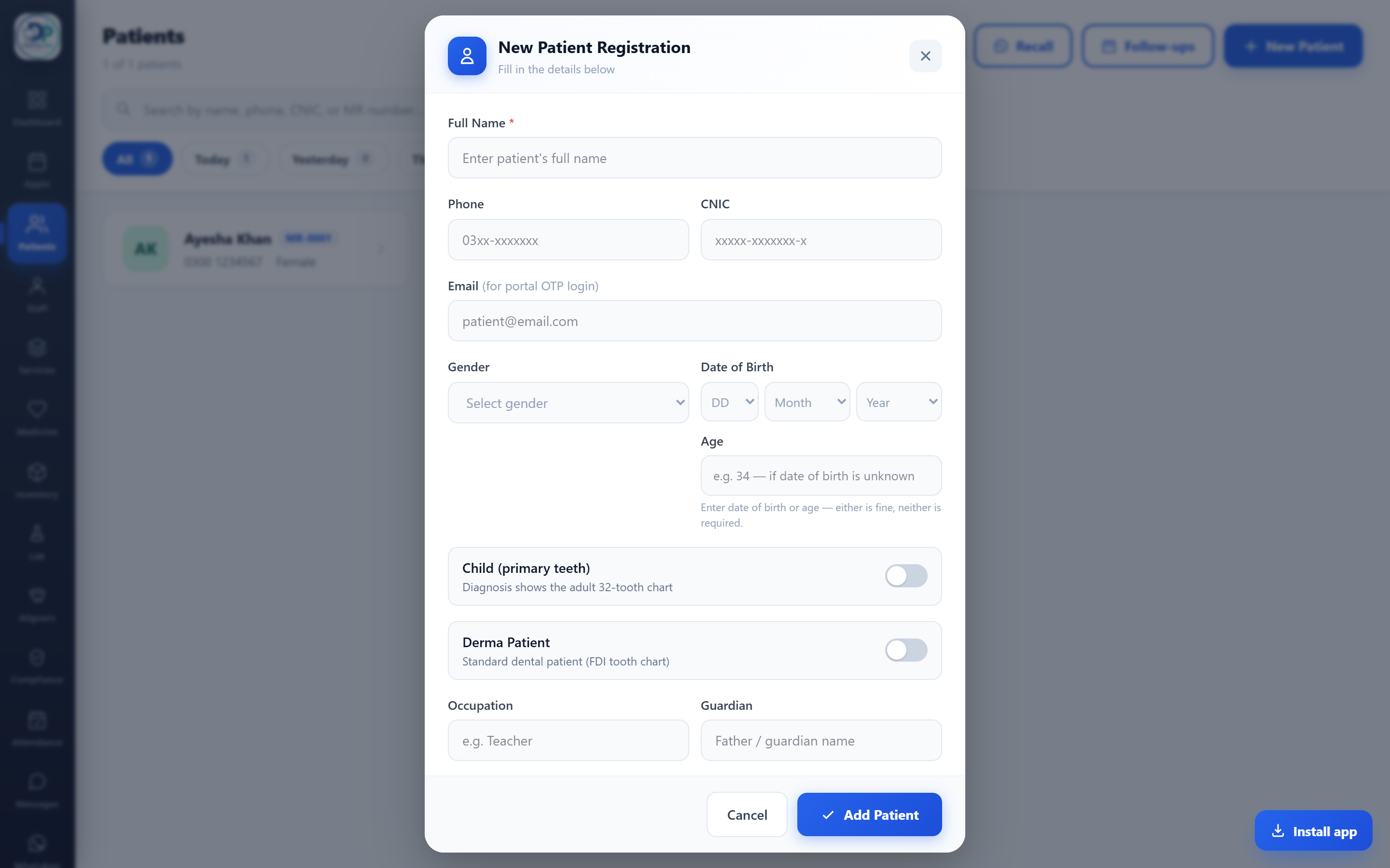 The New Patient form — switch on the Derma Patient toggle before saving