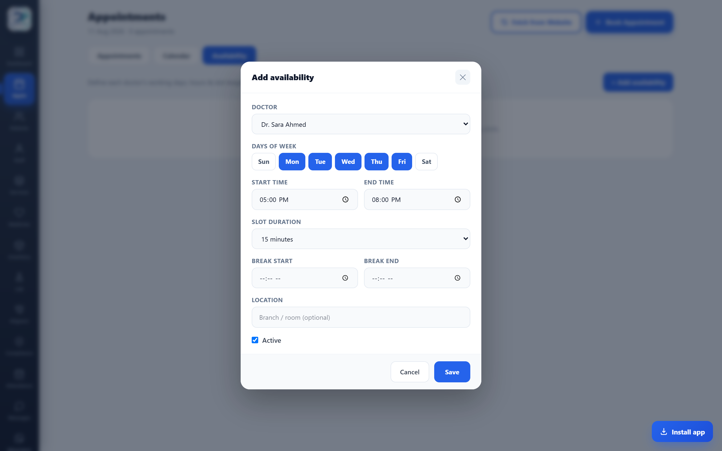 Add availability — pick the doctor, days, hours, slot length and break