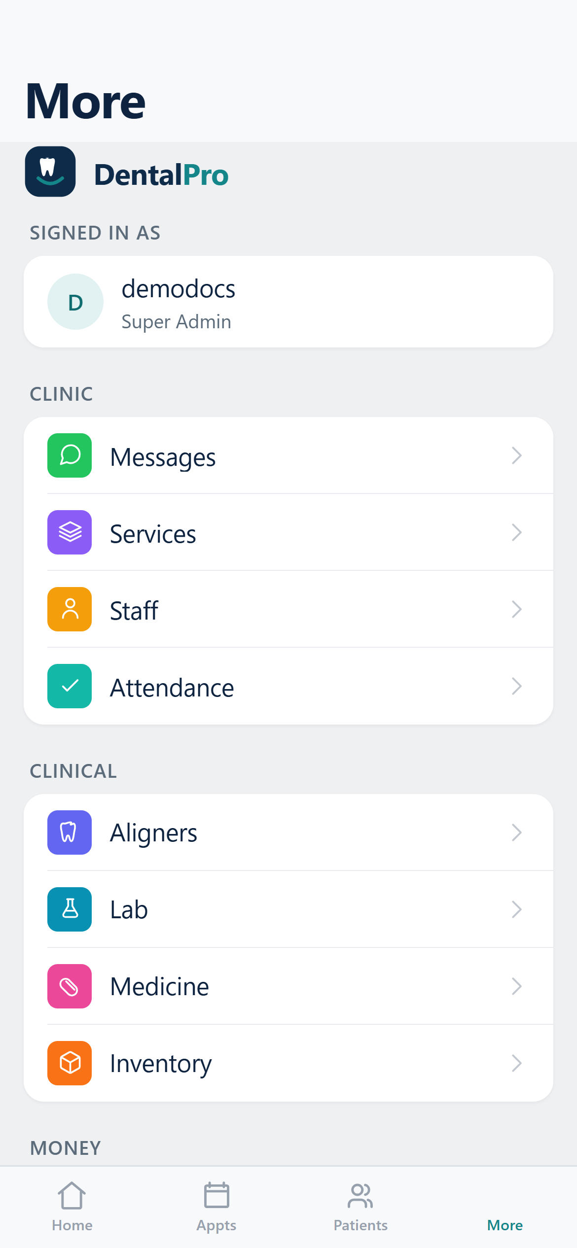 The phone app: home and the More menu