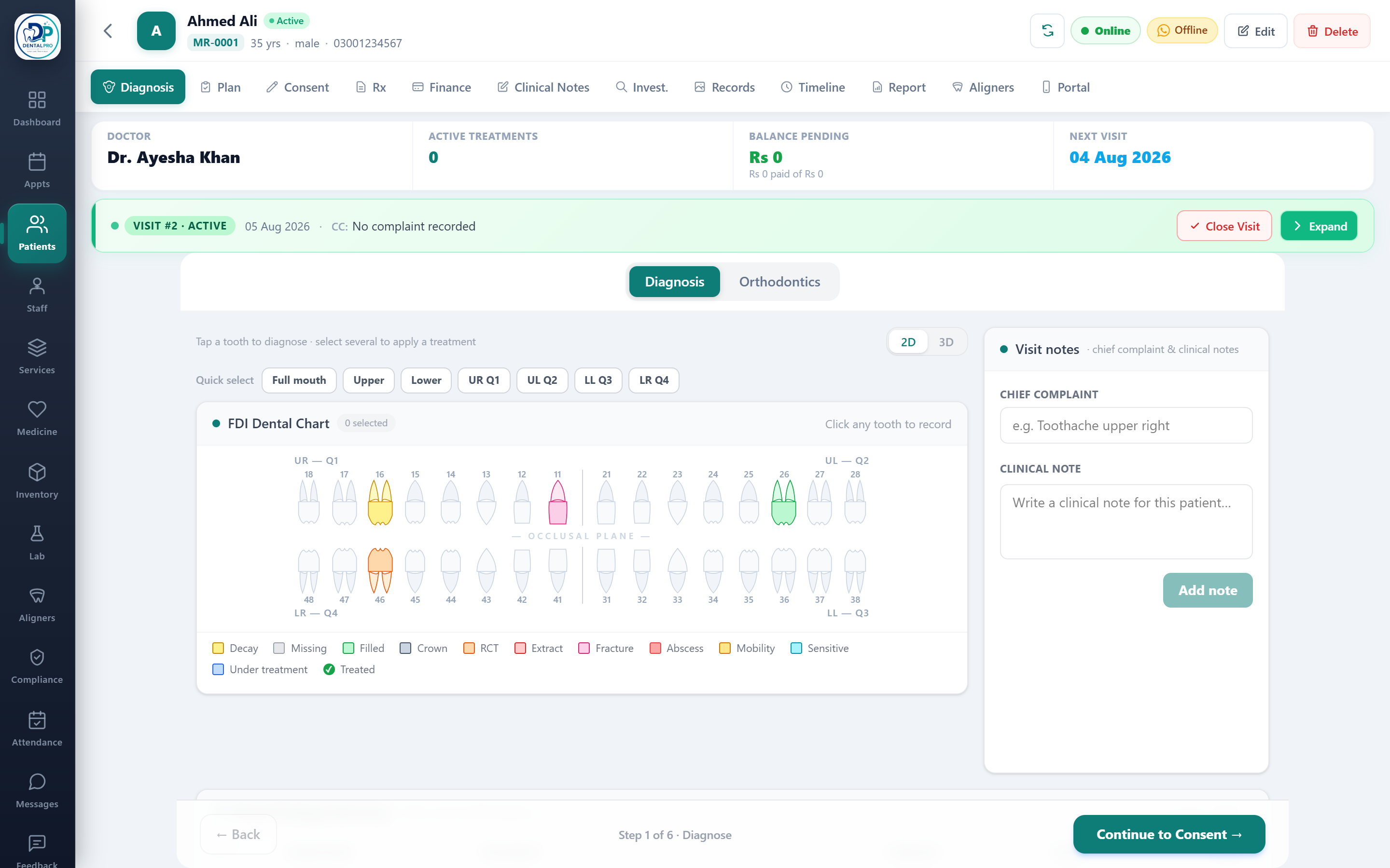 The patient chart header and tabs
