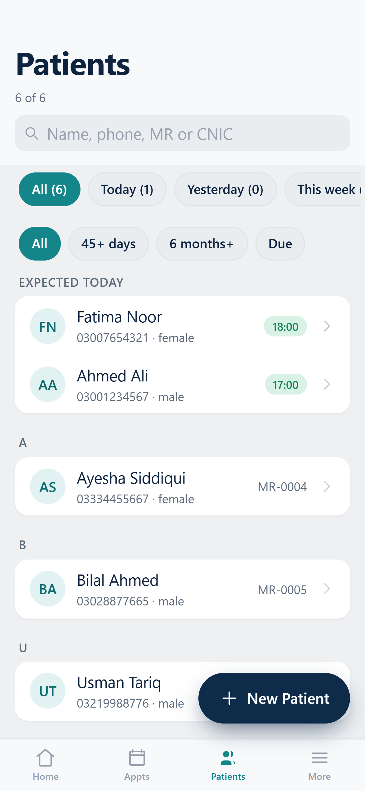 The patient list on desktop and phone